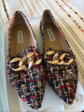 Steve Madden Multicolor Tweed Pointed-Toe Loafers with Gold Chain